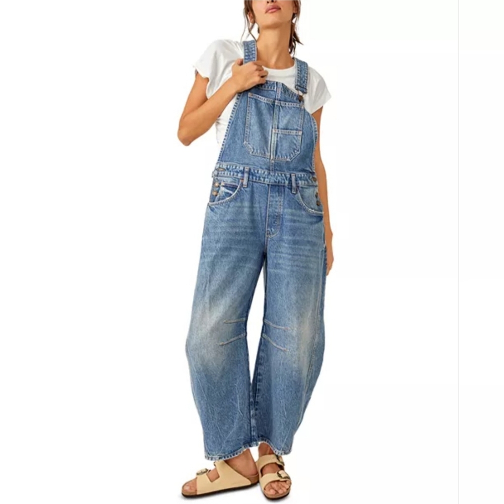 Free People Light Blue Washed Denim Overalls Jumpsuit